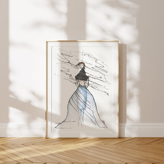Framed illustration of a woman in a dress, bound by a black structure around her neck and torso on a wall with wooden floor and light shadows. A piece on anxiety and trauma.