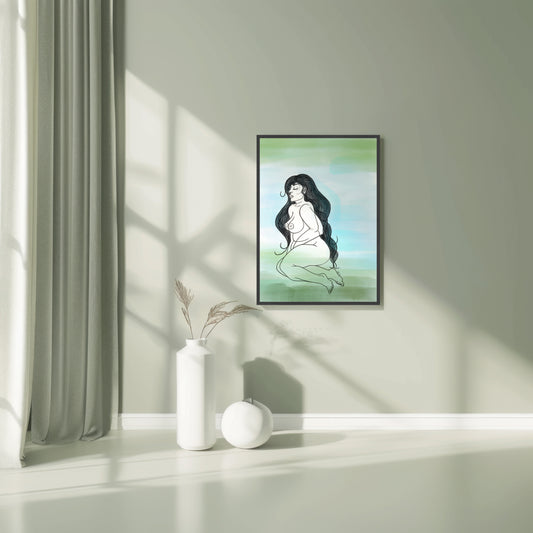 Framed artwork of a nude female figure on a wall with a vase and decorative items below. A piece on the acceptance of the beautiful female curves and body.