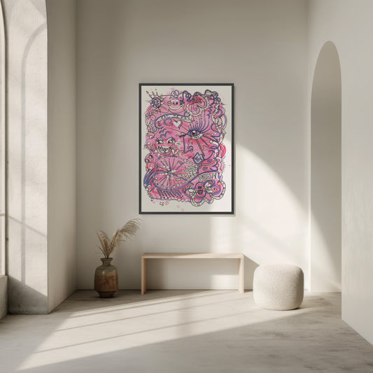 Decorative pink floral artwork on a wall in a minimalistic room with a vase and stool. A piece on Hope and Opportunities.