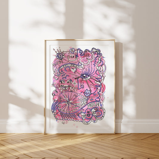 Framed artwork with a pink and purple design on a white wall. A piece one Hope and Opportunities.