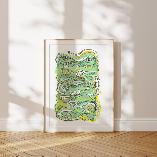 Framed artwork of a green and yellow abstract design on a white wall. A piece on Humanity.