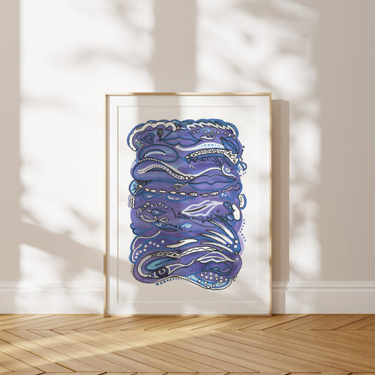 Framed abstract artwork with blue and purple design on a white wall. A piece on lust.