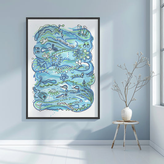 Framed abstract artwork with blue and green colors on a light blue wall. A piece on Sorrow and Depression.