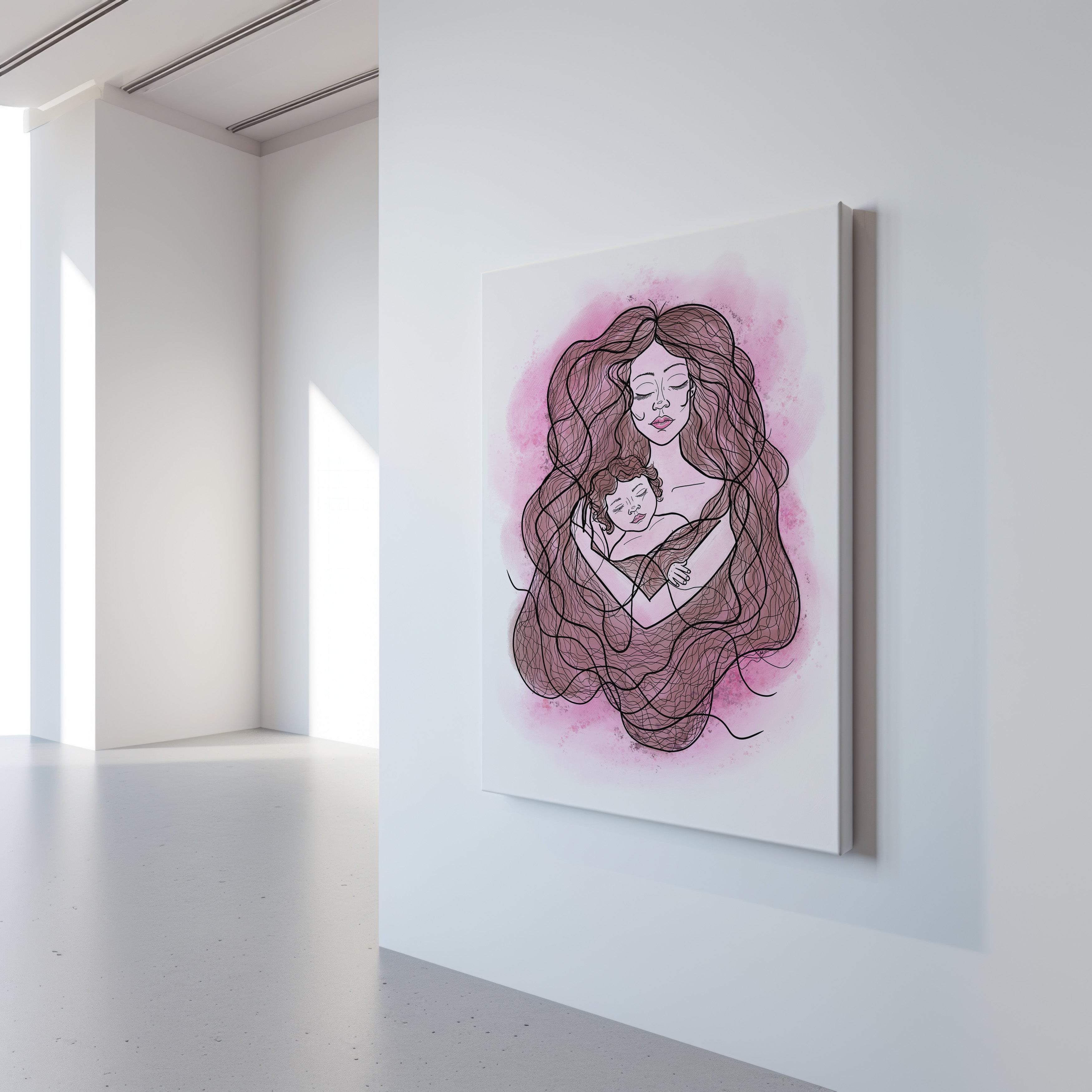 Artistic depiction of a woman holding a child on a white wall.
